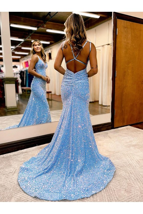 Acheter Periwinkle Fourreau Col V Balayage train Paillettes Velours Longue Robes de bal