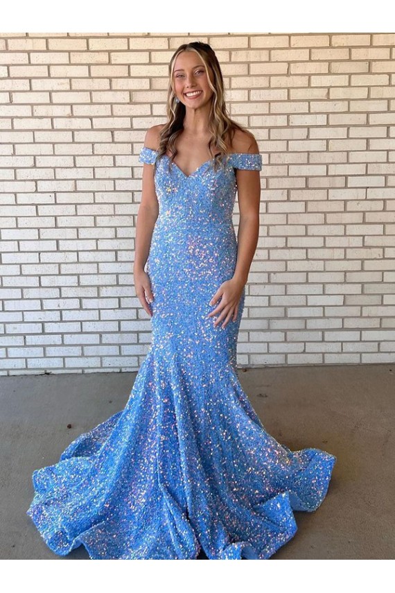 Acheter Periwinkle Sirène Épaule Dénudée Paillettes Velours Longue Robes de bal