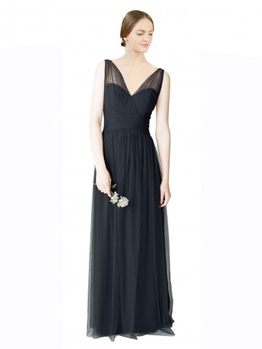 Acheter Pewter Trapèze Col V Tulle Longue Robes demoiselle d'honneur