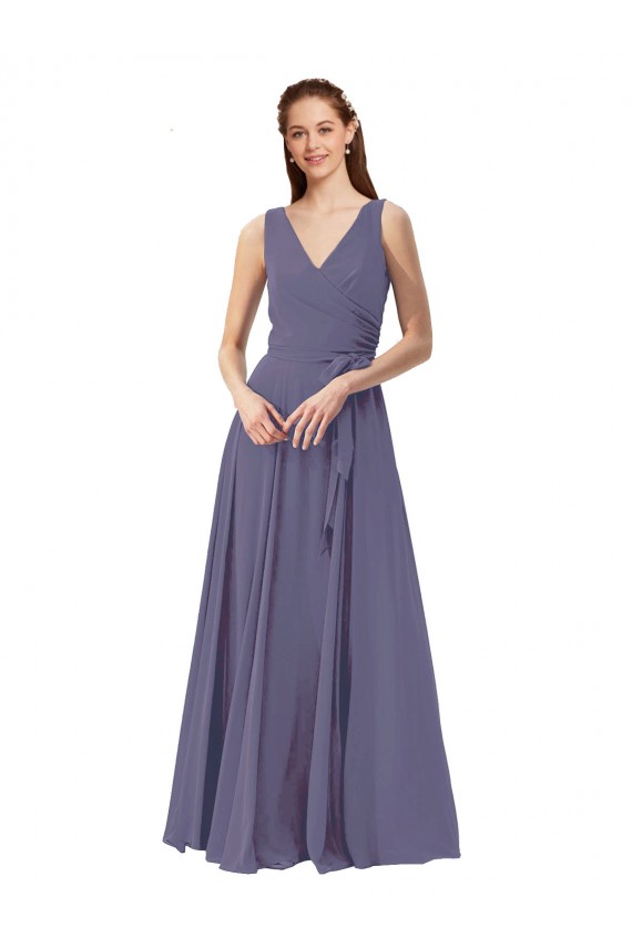 Acheter Pierre d'argent Trapèze Col V Mousseline Longue Robes demoiselle d'honneur