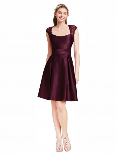 Acheter Pourpre Trapèze Col Carré Satiné Dentelle Courte Robes demoiselle d'honneur / Robes de cocktail