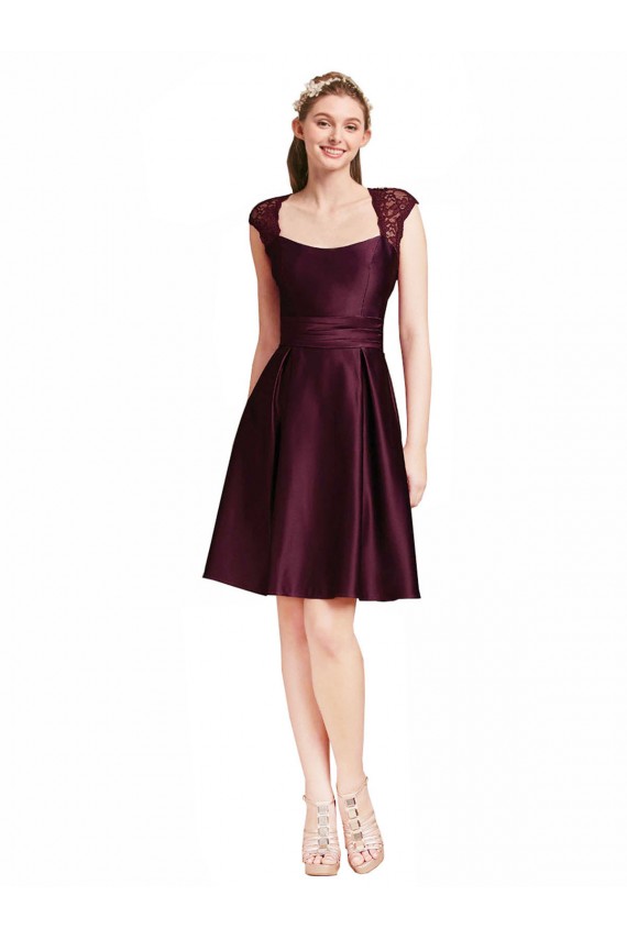 Acheter Pourpre Trapèze Col Carré Satiné Dentelle Courte Robes demoiselle d'honneur / Robes de cocktail