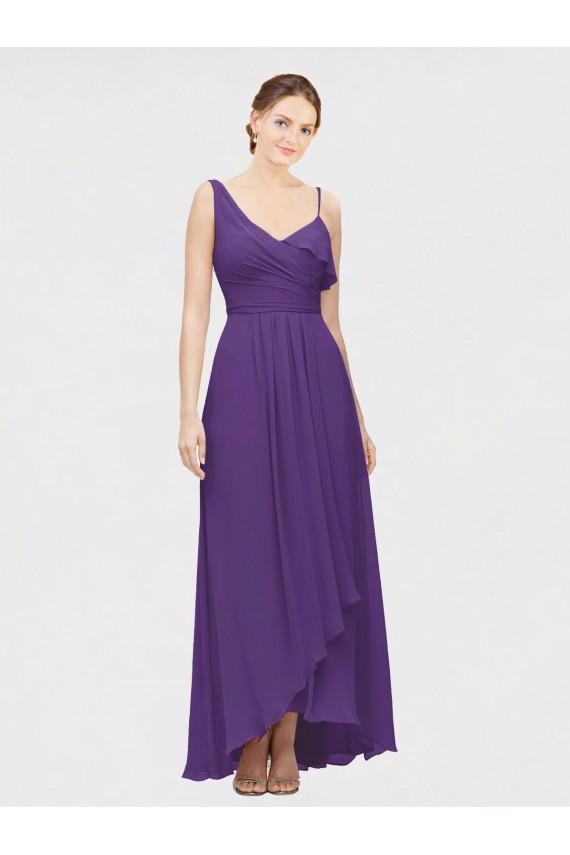 Acheter Prune Trapèze Col V Mousseline Longue Asymétrique Robes demoiselle d'honneur