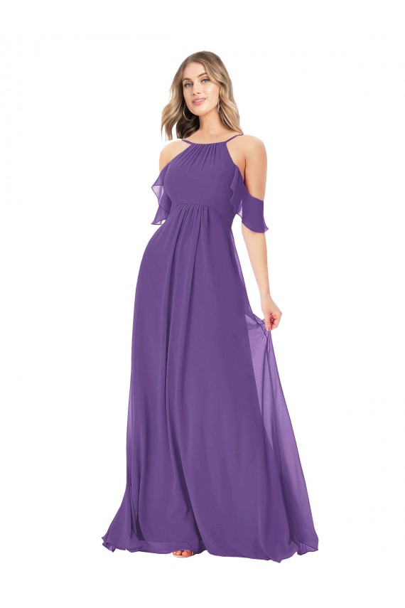 Acheter Prune Trapèze Épaule Dénudée Col Haut Mousseline Longue Robes demoiselle d'honneur