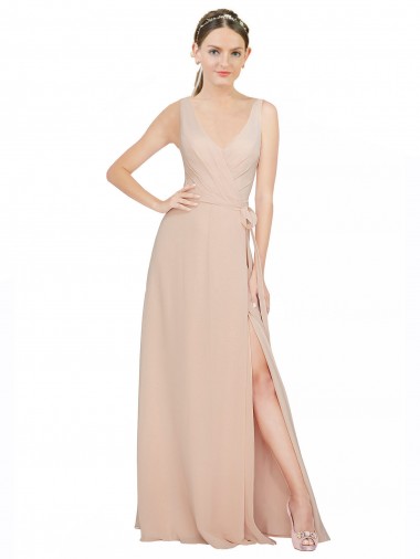 Acheter Rose 114 Trapèze Col V Mousseline Longue Robes demoiselle d'honneur