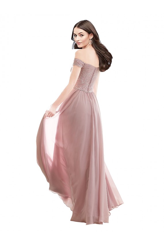 Acheter Rose 147 Trapèze Épaule Dénudée Mousseline Dentelle Longue Robes demoiselle d'honneur