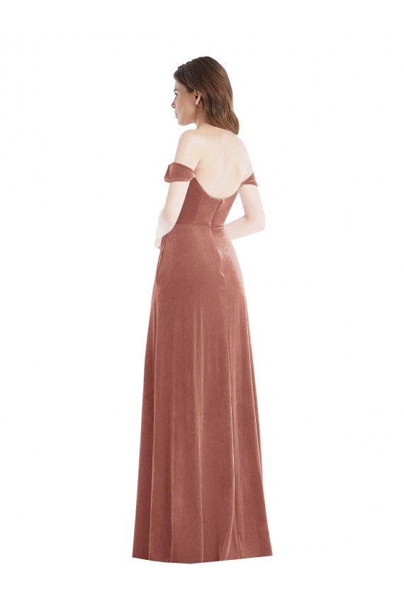 Acheter Rose Cannelle Trapèze Épaule Dénudée Velours Stretch Longue Robes demoiselle d'honneur / Robes de bal