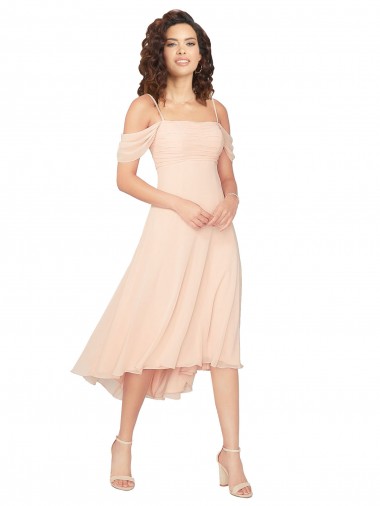 Acheter Rose Glacé Trapèze Col Carré midi Mousseline Courte Asymétrique Robes demoiselle d'honneur