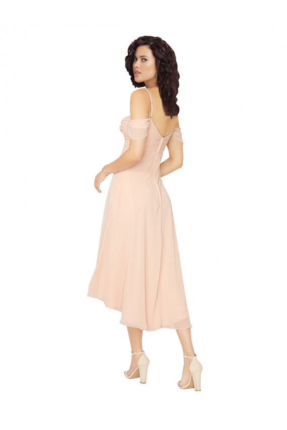 Acheter Rose Glacé Trapèze Col Carré midi Mousseline Courte Asymétrique Robes demoiselle d'honneur