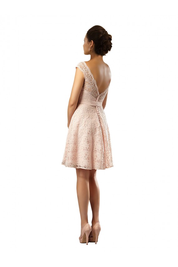 Acheter Rose Trapèze Bateau Illusion Mousseline Dentelle Courte Robes demoiselle d'honneur