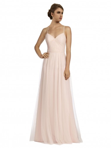 Acheter Rose Trapèze Bretelles spaghetti Tulle Longue Robes demoiselle d'honneur