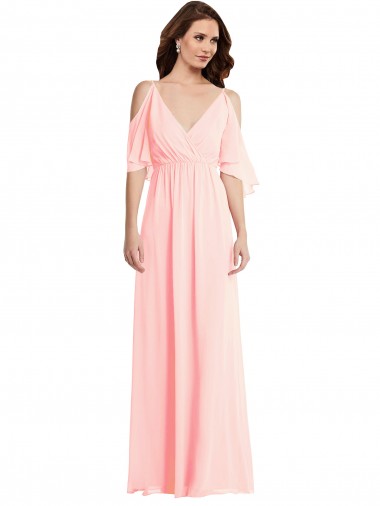 Acheter Rose Trapèze Col V Mousseline Longue Robes demoiselle d'honneur
