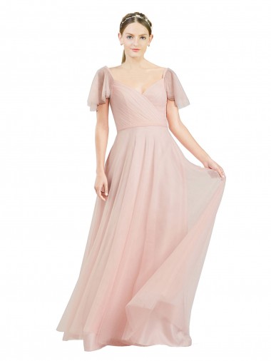 Acheter Rose Trapèze Col V Tulle Longue Robes demoiselle d'honneur