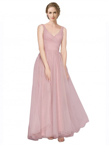 Acheter Rose Trapèze Col V Tulle Longue Robes demoiselle d'honneur