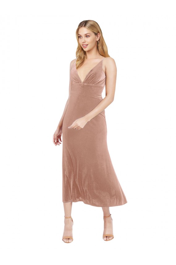 Acheter Rose Trapèze Col V midi Velours Stretch Courte Robes demoiselle d'honneur / Robes de bal / Robes de cocktail