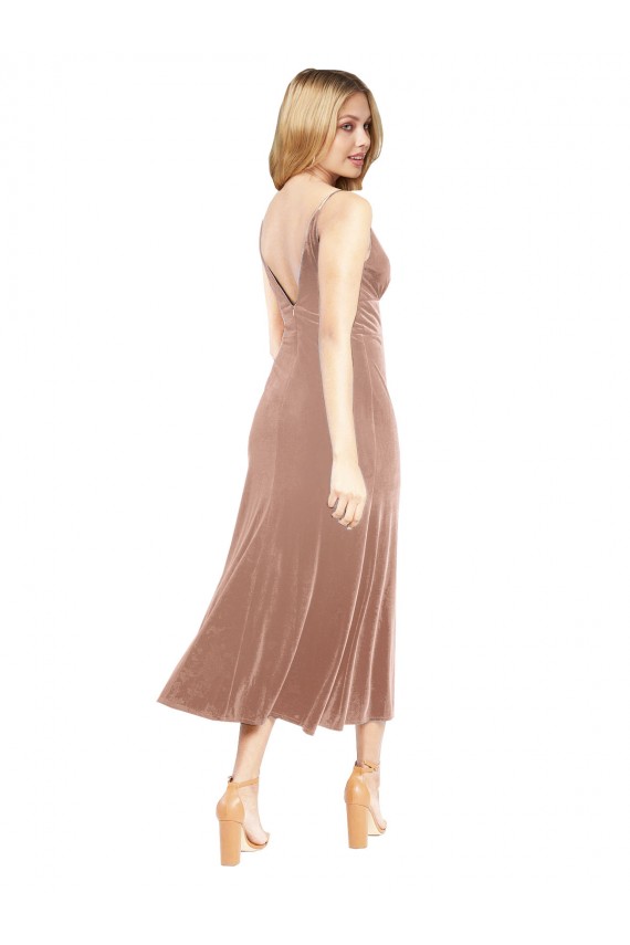 Acheter Rose Trapèze Col V midi Velours Stretch Courte Robes demoiselle d'honneur / Robes de bal / Robes de cocktail
