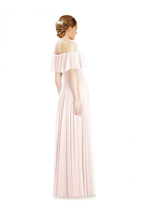 Acheter Rose Trapèze Épaule Dénudée Col Carré Mousseline Longue Robes demoiselle d'honneur