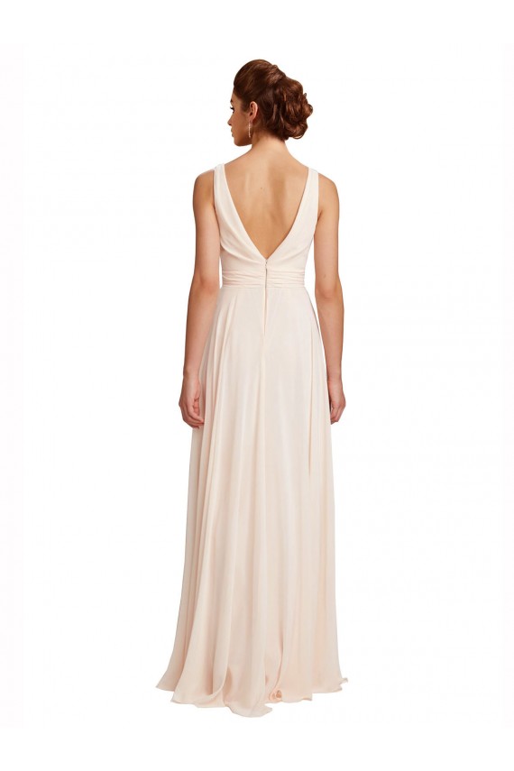 Acheter Rose crème Trapèze Bateau Col Haut Mousseline Longue Robes demoiselle d'honneur