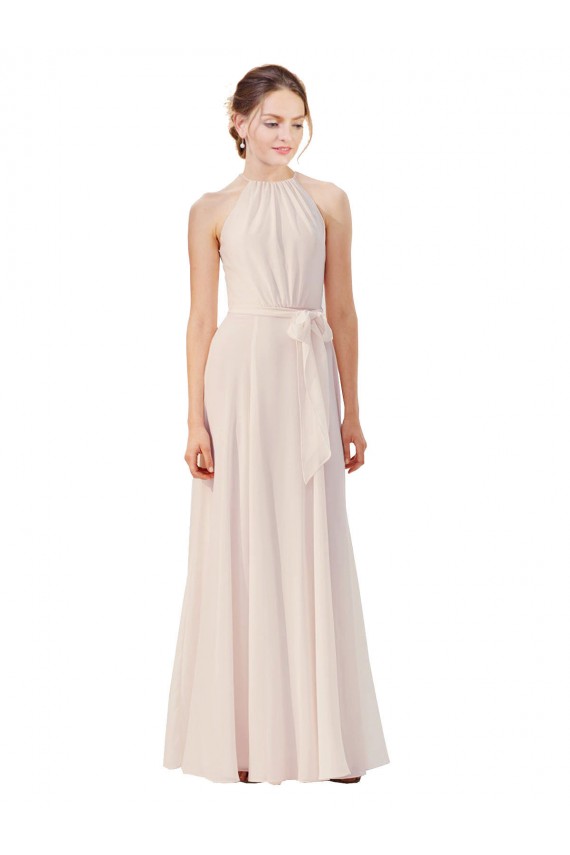 Acheter Rose crème Trapèze Bateau Col Haut Mousseline Longue Robes demoiselle d'honneur