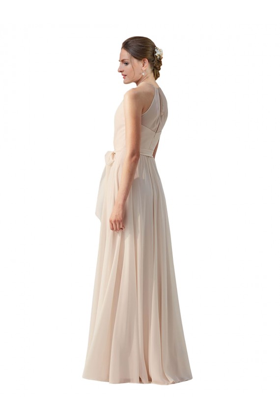 Acheter Rose crème Trapèze Bateau Col Haut Mousseline Longue Robes demoiselle d'honneur