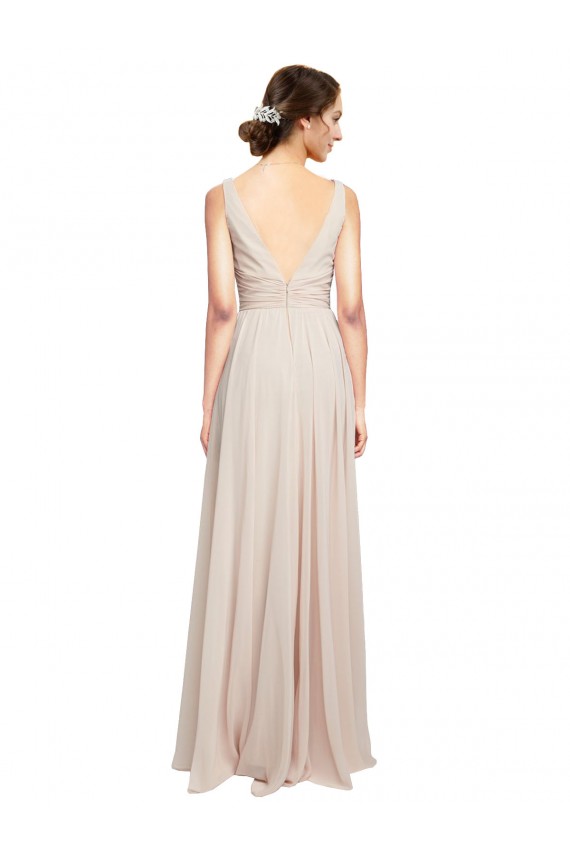 Acheter Rose crème Trapèze Col V Mousseline Longue Robes demoiselle d'honneur