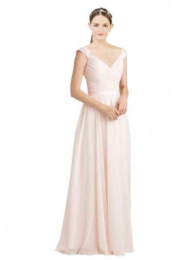 Acheter Rose crème Trapèze Mousseline Dentelle Longue Robes demoiselle d'honneur