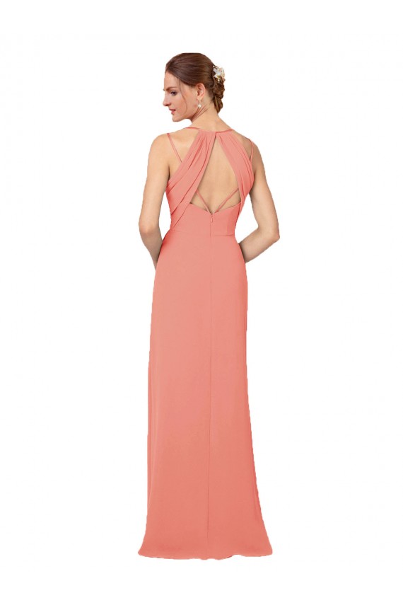 Acheter Rose du Désert Fourreau Col V Mousseline Longue Robes demoiselle d'honneur
