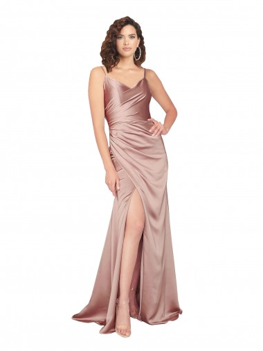 Acheter Rose poussiéreux Fourreau Col V Satiné Soyeux Longue Formelles Robes demoiselle d'honneur / Robes de soirée / Robes de bal