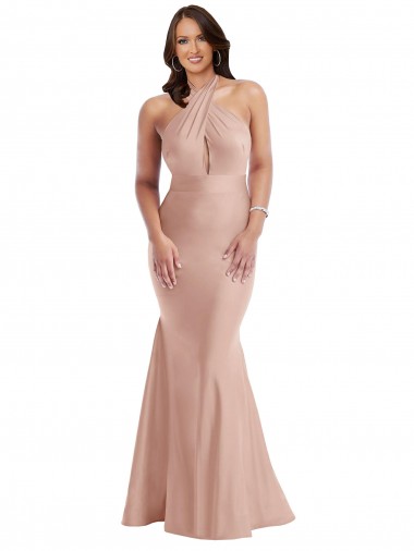 Acheter Rose poussiéreux Sirène Licou Satiné Soyeux Longue Formelles Robes demoiselle d'honneur / Robes de soirée / Robes de bal