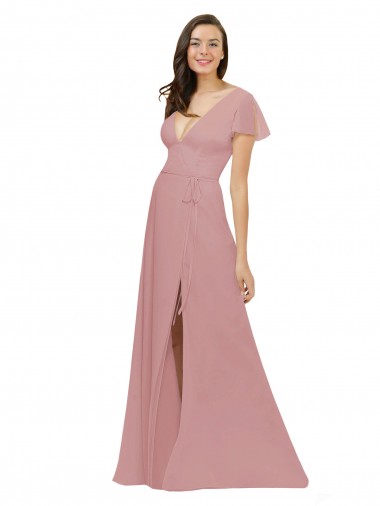 Acheter Rose poussiéreux Trapèze Col V Mousseline Longue Robes demoiselle d'honneur