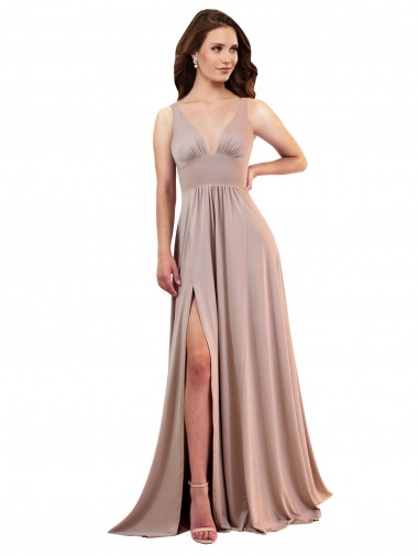 Acheter Rose poussiéreux Trapèze Col V Spandex Longue Formelles Robes demoiselle d'honneur / Robes de soirée / Robes de bal
