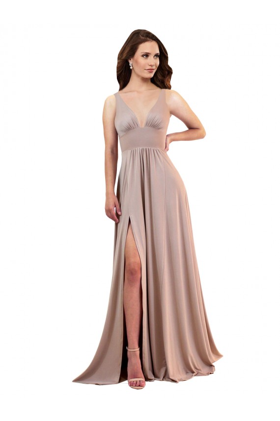 Acheter Rose poussiéreux Trapèze Col V Spandex Longue Formelles Robes demoiselle d'honneur / Robes de soirée / Robes de bal