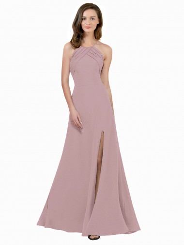 Acheter Rose poussiéreux Trapèze Col bijou Col Haut Crêpe Stretch Longue Robes demoiselle d'honneur / Robes de bal
