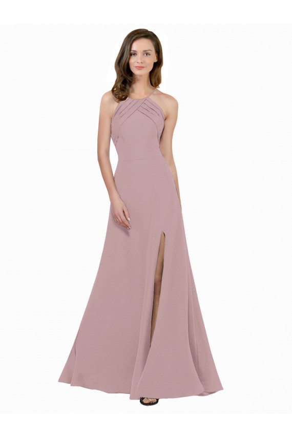 Acheter Rose poussiéreux Trapèze Col bijou Col Haut Crêpe Stretch Longue Robes demoiselle d'honneur / Robes de bal