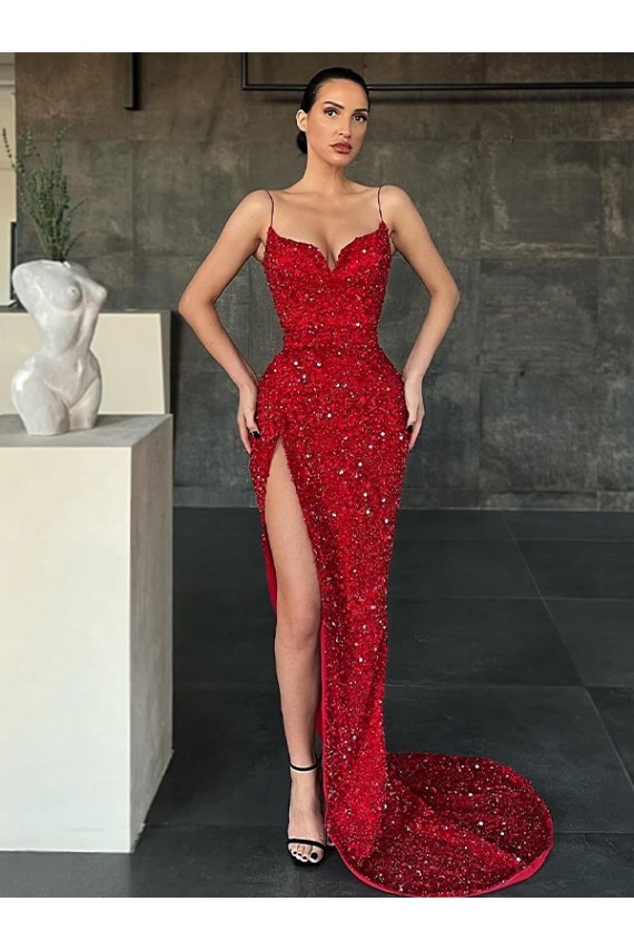 Acheter Rouge Fourreau Col V Balayage train Paillettes Velours Longue Robes de bal