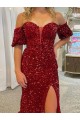 Acheter Rouge Fourreau Épaule Dénudée Traîne moyenne Paillettes Velours Longue Robes de bal