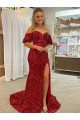 Acheter Rouge Fourreau Épaule Dénudée Traîne moyenne Paillettes Velours Longue Robes de bal