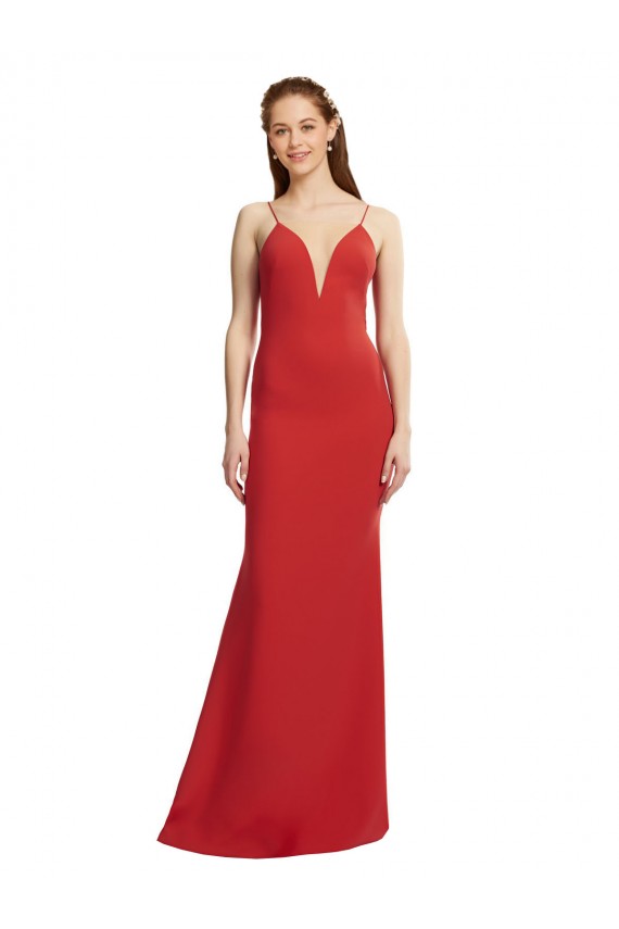 Acheter Rouge Sirène Bretelles spaghetti Col V Crêpe Stretch Longue Formelles Robes demoiselle d'honneur / Robes de soirée / Robes de bal