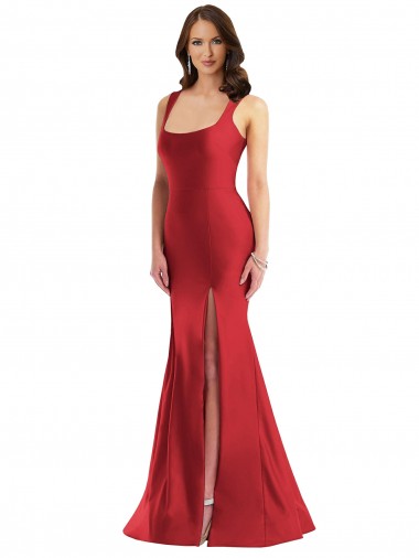 Acheter Rouge Sirène Col Carré Satiné Soyeux Longue Formelles Robes demoiselle d'honneur / Robes de soirée / Robes de bal