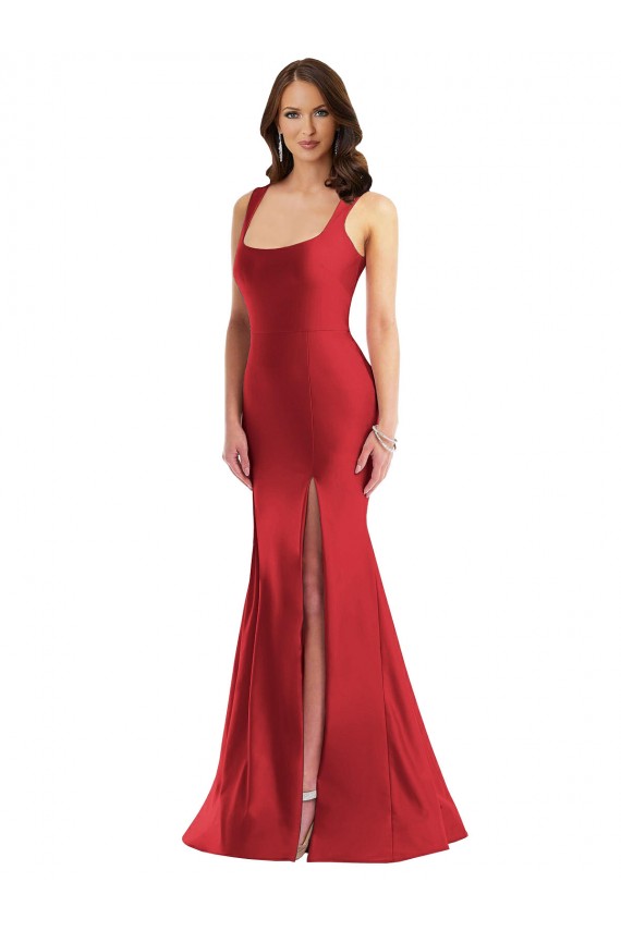 Acheter Rouge Sirène Col Carré Satiné Soyeux Longue Formelles Robes demoiselle d'honneur / Robes de soirée / Robes de bal