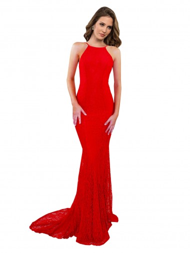 Acheter Rouge Sirène Col Haut Dentelle Longue Formelles Robes demoiselle d'honneur / Robes de soirée / Robes de bal