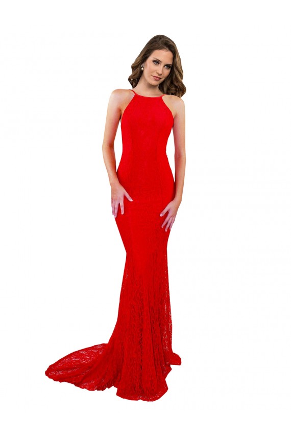 Acheter Rouge Sirène Col Haut Dentelle Longue Formelles Robes demoiselle d'honneur / Robes de soirée / Robes de bal