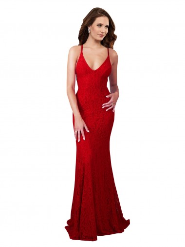 Acheter Rouge Sirène Col V Dentelle Longue Formelles Robes demoiselle d'honneur / Robes de soirée / Robes de bal