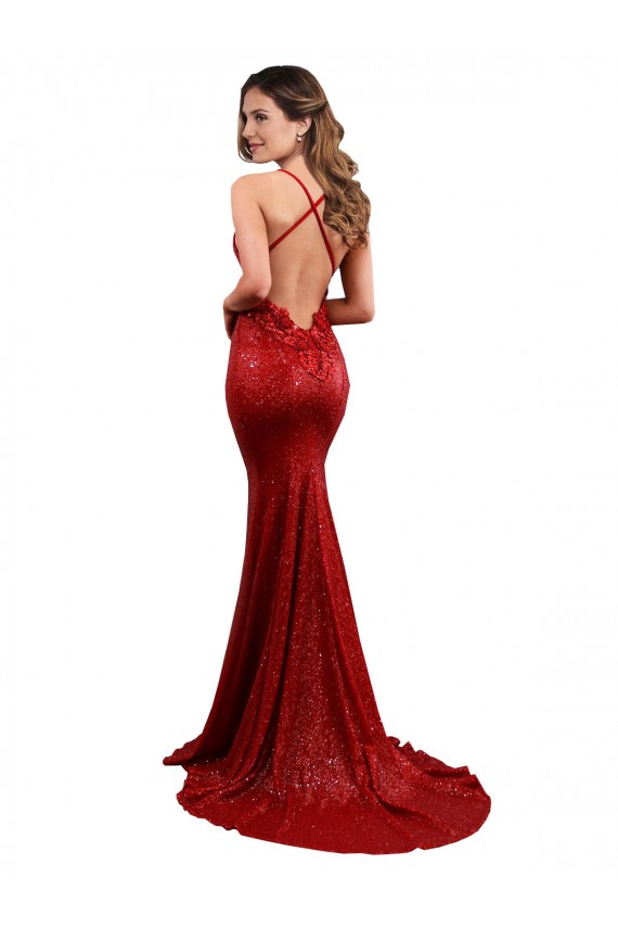 Acheter Rouge Sirène Col V Paillette Longue Formelles Robes demoiselle d'honneur / Robes de soirée / Robes de bal
