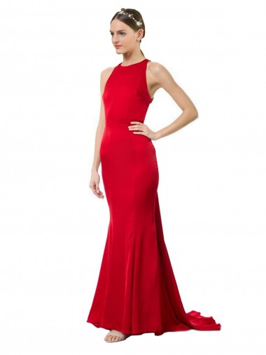 Acheter Rouge Sirène Licou Col Haut Crêpe Stretch Longue Formelles Robes demoiselle d'honneur / Robes de soirée / Robes de bal