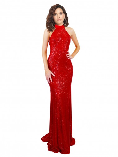 Acheter Rouge Sirène Licou Col Haut Paillette Longue Formelles Robes demoiselle d'honneur / Robes de soirée / Robes de bal