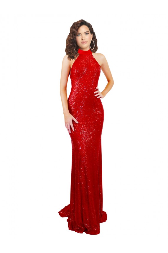 Acheter Rouge Sirène Licou Col Haut Paillette Longue Formelles Robes demoiselle d'honneur / Robes de soirée / Robes de bal