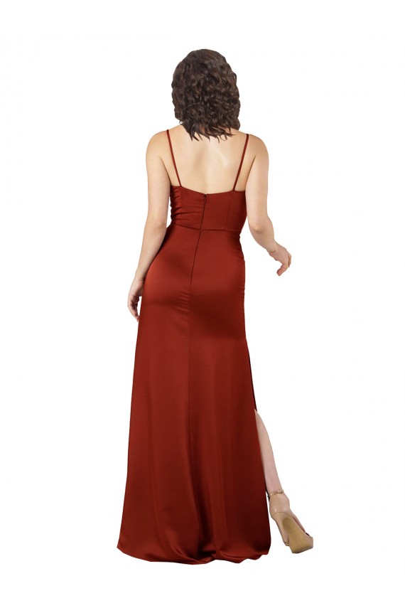 Acheter Rouge Trapèze Bretelles spaghetti Col Carré Satiné Soyeux Longue Formelles Robes demoiselle d'honneur / Robes de soirée / Robes de bal