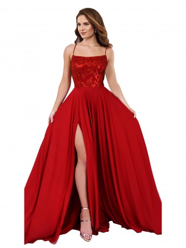 Acheter Rouge Trapèze Bretelles spaghetti Col Carré Spandex Dentelle Longue Robes demoiselle d'honneur / Robes de bal