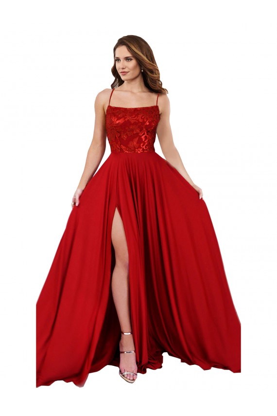 Acheter Rouge Trapèze Bretelles spaghetti Col Carré Spandex Dentelle Longue Robes demoiselle d'honneur / Robes de bal